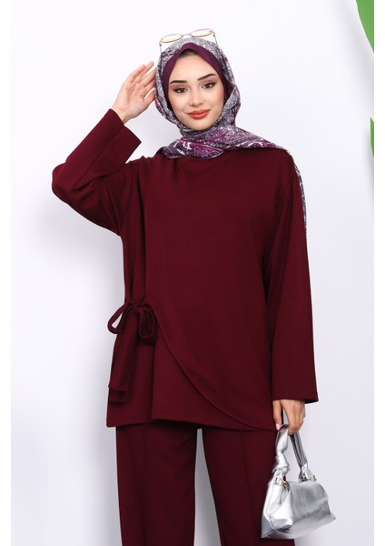 Mürdüm Yandan Kuşak Bağlamalı Pantolonlu Takım modelleri