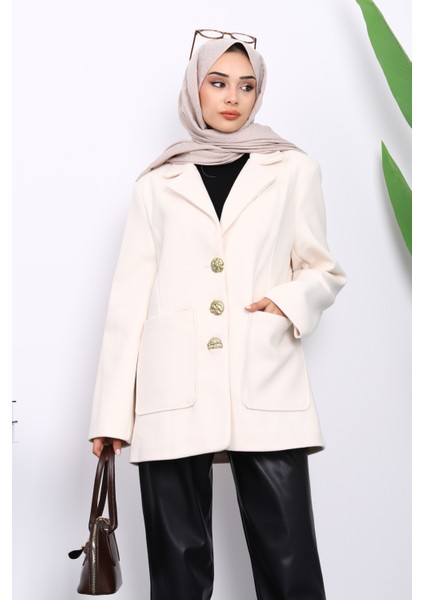 Krem Kravuze Yaka Düğmeli Cepli Kaşe Ceket