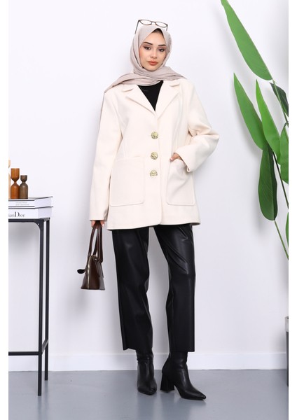 Krem Kravuze Yaka Düğmeli Cepli Kaşe Ceket fiyatları