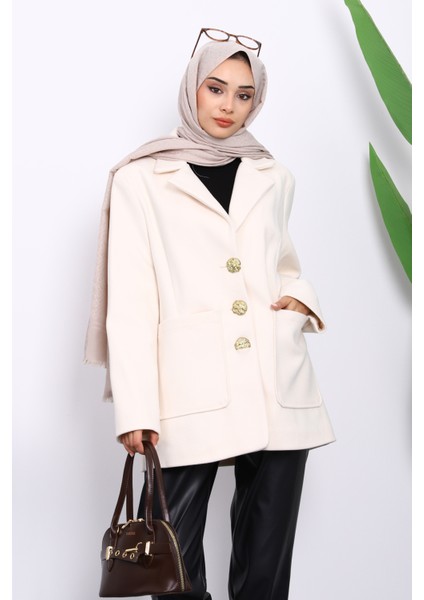 Krem Kravuze Yaka Düğmeli Cepli Kaşe Ceket modelleri