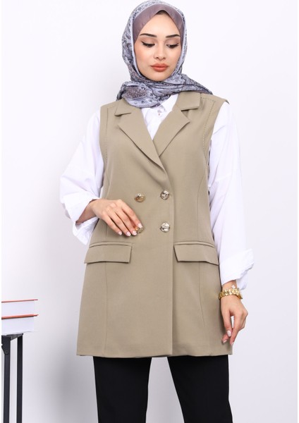 Açık Haki Kravuze Yaka Astarlı Yelek