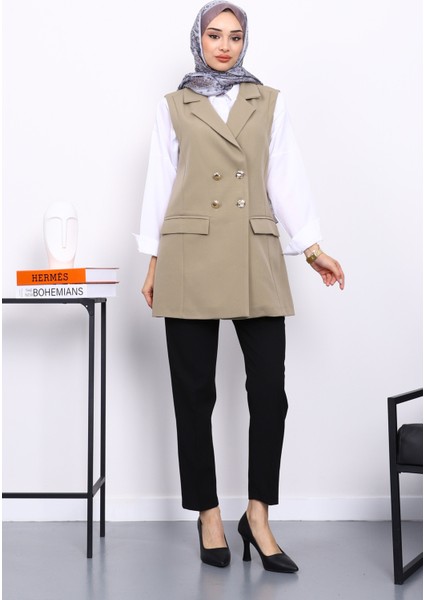 Açık Haki Kravuze Yaka Astarlı Yelek fiyatları