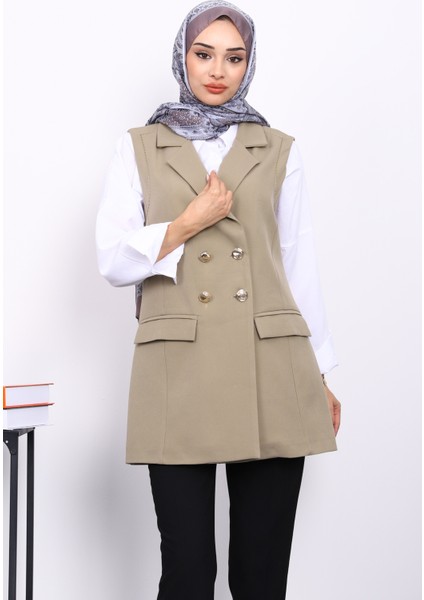 Açık Haki Kravuze Yaka Astarlı Yelek modelleri