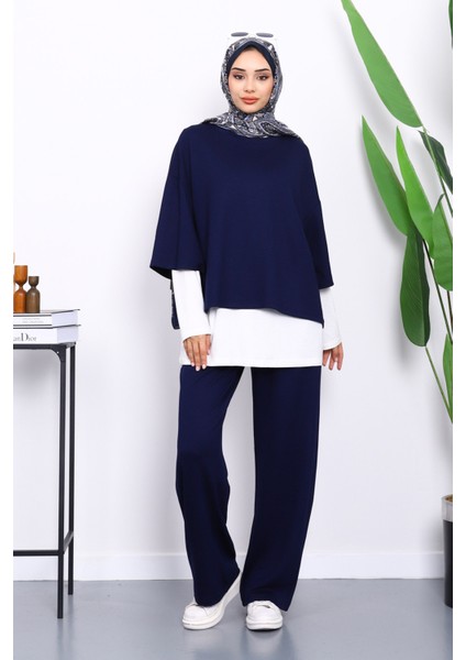 Lacivert Tişört İçlik Pantolonlu Üçlü Kombin Takım