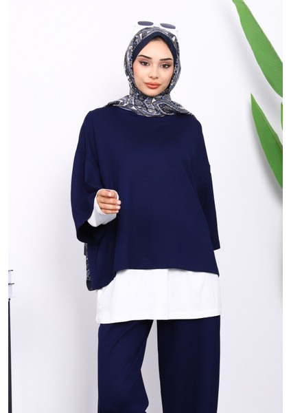 Lacivert Tişört İçlik Pantolonlu Üçlü Kombin Takım modelleri