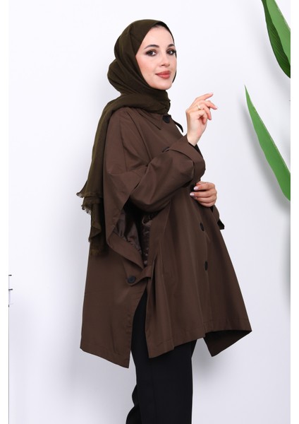 Kahverengi Oversize Düğmeli Panço Trenç modelleri