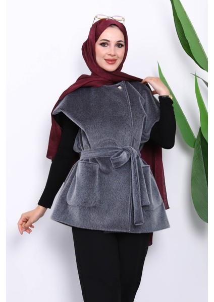 Füme Cepli Kemerli Kaşe Yelek