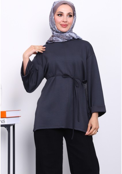 Antrasit Yanları Yırtmaçlı Bel İpli Tunik