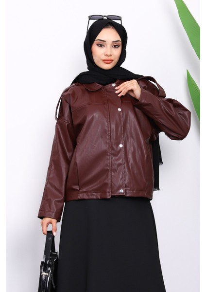 Bordo Omuz Apoletli Deri Ceket