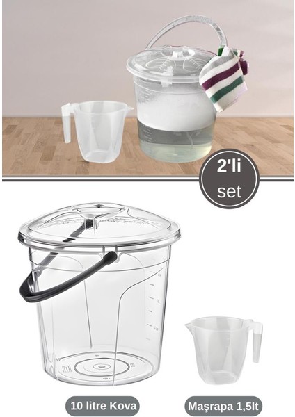 2’li Temizlik Kova Seti, Kapaklı Kulplu Plastik Su Kovası 10 Litre + Maşrapa 1,5 Litre Seti Şeffaf