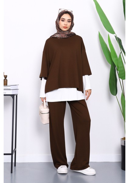 Kahverengi Tişört İçlik Pantolonlu Üçlü Kombin Takım
