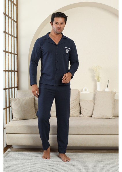 Flk 7000 Boydan Düğmeli Kışlık Iki Iplik Kalın Kumaş Erkek Ev Pijama Takımı