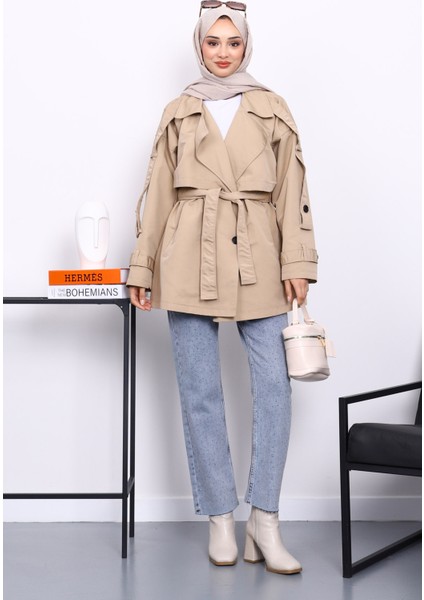 Taş Kruvaze Yaka Astarlı Kısa Trençkot