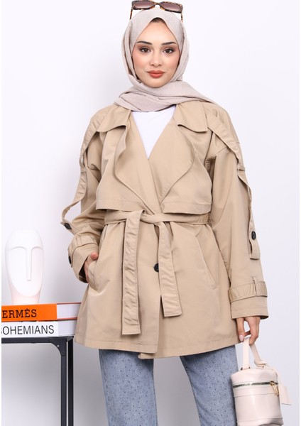 Taş Kruvaze Yaka Astarlı Kısa Trençkot modelleri