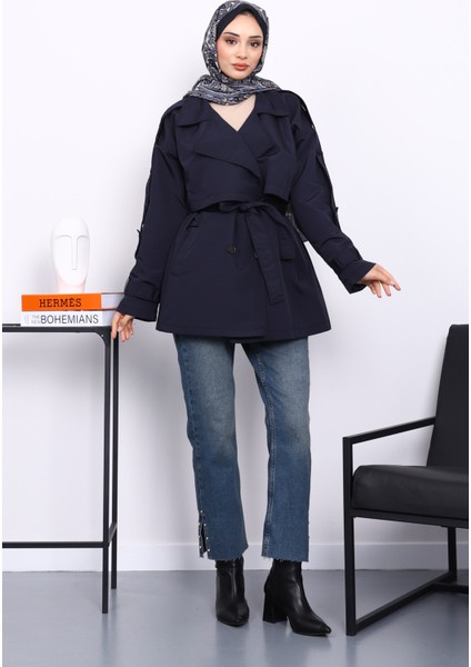 Lacivert Kruvaze Yaka Astarlı Kısa Trençkot