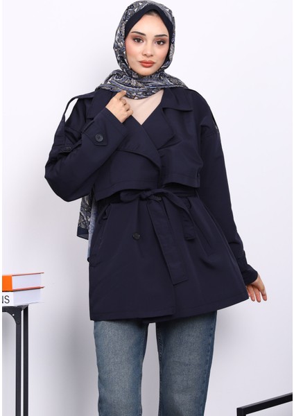 Lacivert Kruvaze Yaka Astarlı Kısa Trençkot fiyatları