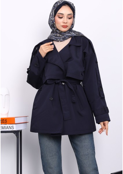 Lacivert Kruvaze Yaka Astarlı Kısa Trençkot modelleri