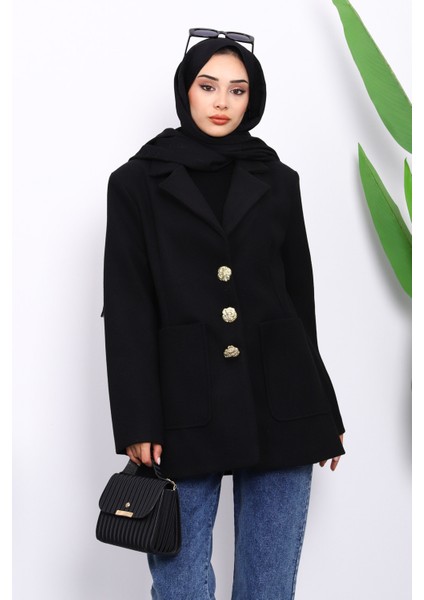 Siyah Kravuze Yaka Düğmeli Cepli Kaşe Ceket