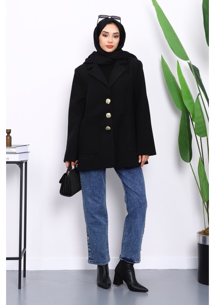 Siyah Kravuze Yaka Düğmeli Cepli Kaşe Ceket fiyatları