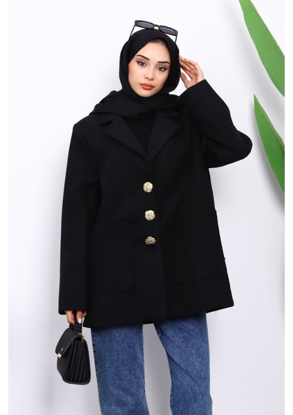 Siyah Kravuze Yaka Düğmeli Cepli Kaşe Ceket modelleri