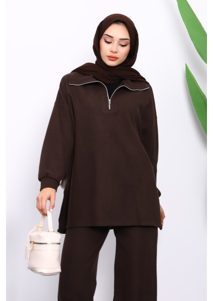 Kahverengi Yaka Fermuarlı Tunik Pantolonlu Fitilli Takım modelleri