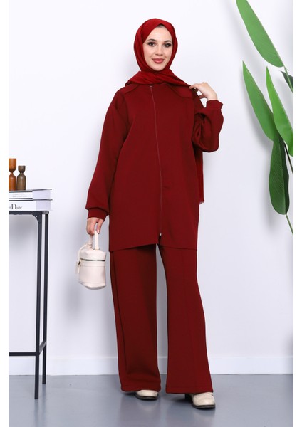 Bordo Fermuarlı Tunik Pantolonlu Takım