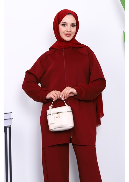 Bordo Fermuarlı Tunik Pantolonlu Takım modelleri