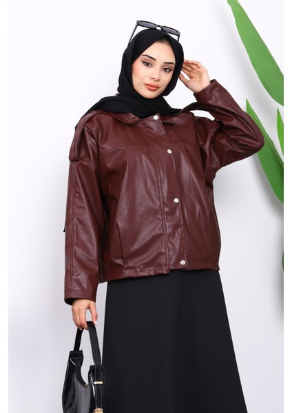 Bordo Omuz Apoletli Deri Ceket modelleri