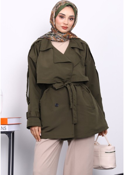 Haki Kruvaze Yaka Astarlı Kısa Trençkot