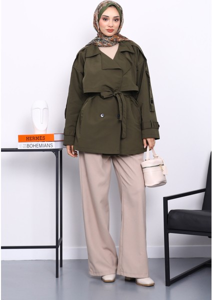 Haki Kruvaze Yaka Astarlı Kısa Trençkot fiyatları