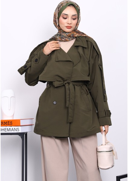 Haki Kruvaze Yaka Astarlı Kısa Trençkot modelleri