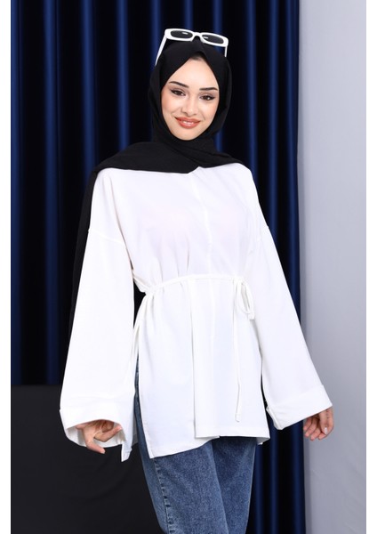Ekru Dikiş Detaylı Yanları Yırtmaçlı Sweatshirt fiyatları