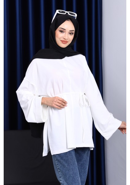 Ekru Dikiş Detaylı Yanları Yırtmaçlı Sweatshirt modelleri