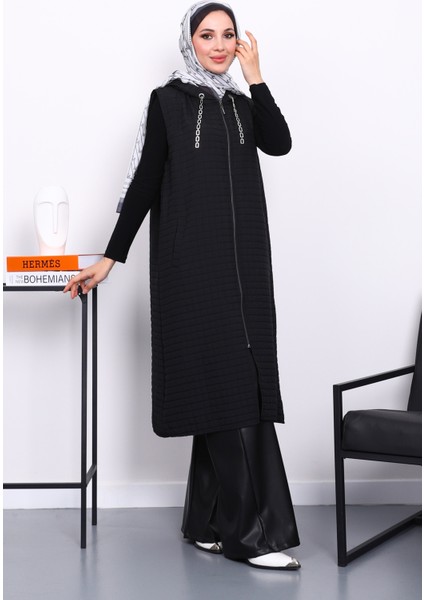 Siyah Kapitone Fermuarlı Kapşonlu Yelek fiyatları