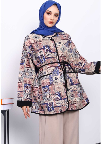 Krem Etnik Desenli Çıtçıtlı Ceket