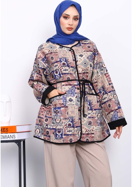 Krem Etnik Desenli Çıtçıtlı Ceket modelleri