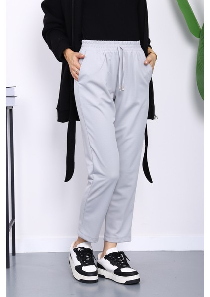 Açık Gri Beli Lastikli Cepli Double Pantolon