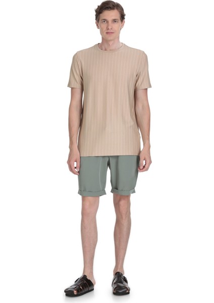 Bej Regular Fit Çizgili Bisiklet Yaka Tişört fiyatları