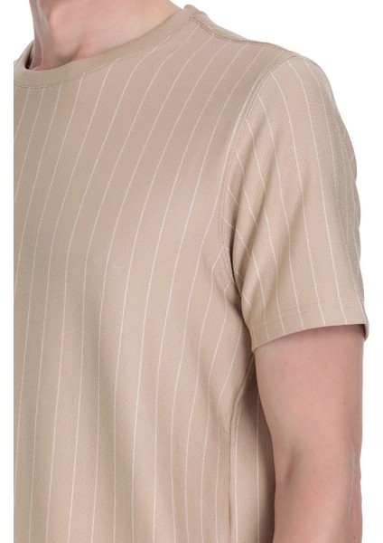 Bej Regular Fit Çizgili Bisiklet Yaka Tişört fırsatları