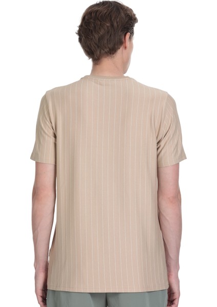 Bej Regular Fit Çizgili Bisiklet Yaka Tişört indirimleri
