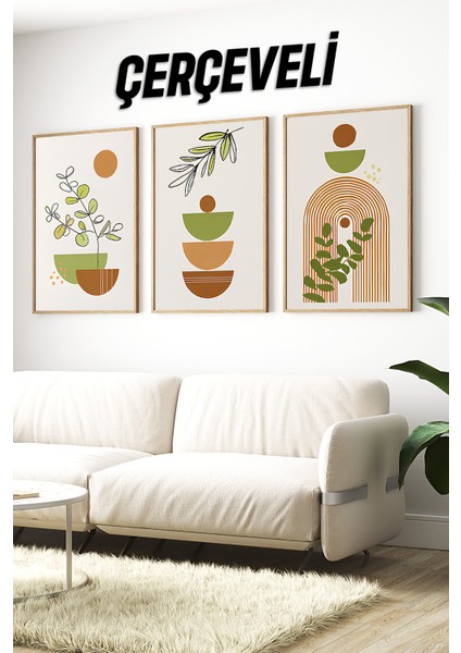 🌿🫒 Zeytin Dalı ve Geometrik Formlar Temalı 3’lü Ahşap Çerçeveli Minimalist Tablo Seti 🌿 CRV1158 23 x 32