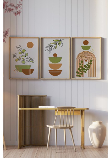 🌿🫒 Zeytin Dalı ve Geometrik Formlar Temalı 3’lü Ahşap Çerçeveli Minimalist Tablo Seti 🌿 CRV1158 23 x 32 fiyatları