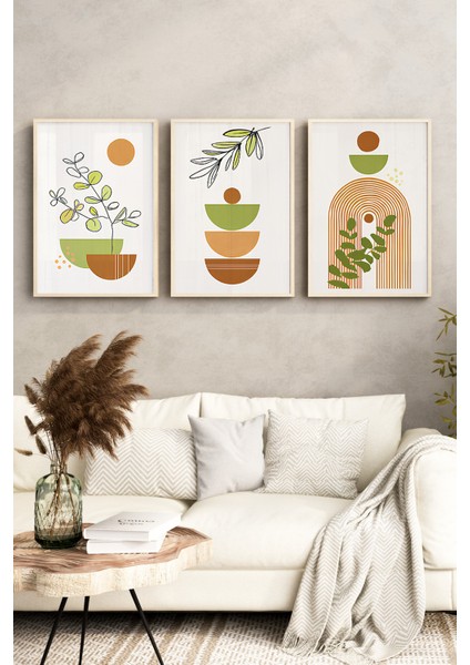 🌿🫒 Zeytin Dalı ve Geometrik Formlar Temalı 3’lü Ahşap Çerçeveli Minimalist Tablo Seti 🌿 CRV1158 23 x 32 fırsatları