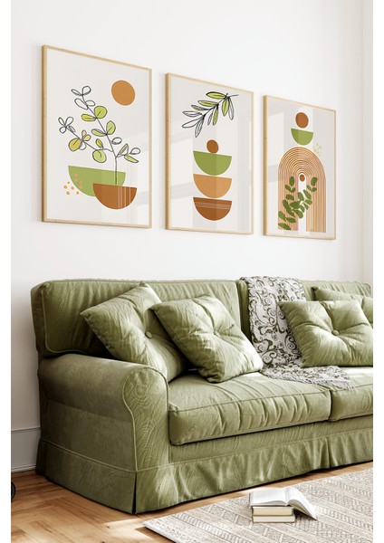 🌿🫒 Zeytin Dalı ve Geometrik Formlar Temalı 3’lü Ahşap Çerçeveli Minimalist Tablo Seti 🌿 CRV1158 23 x 32 indirimleri