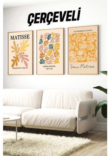 🎨 Matisse Tarzı Renkli Soyut Bitki Desenli 3’lü Ahşap Çerçeveli Tablo Seti 🌿 CRV1164 32 x 42