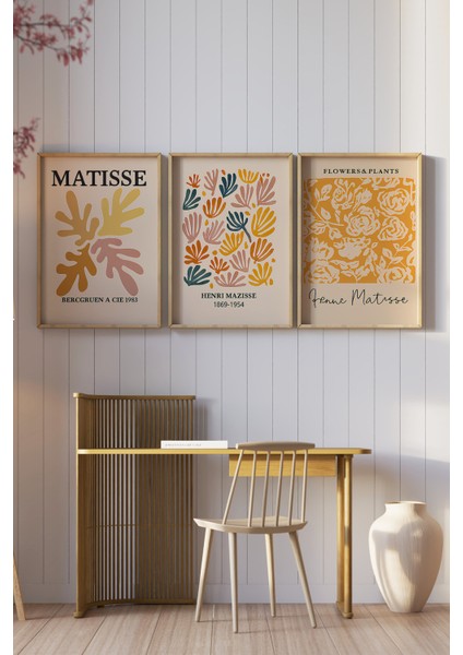 🎨 Matisse Tarzı Renkli Soyut Bitki Desenli 3’lü Ahşap Çerçeveli Tablo Seti 🌿 CRV1164 32 x 42 fiyatları