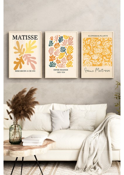 🎨 Matisse Tarzı Renkli Soyut Bitki Desenli 3’lü Ahşap Çerçeveli Tablo Seti 🌿 CRV1164 32 x 42 fırsatları