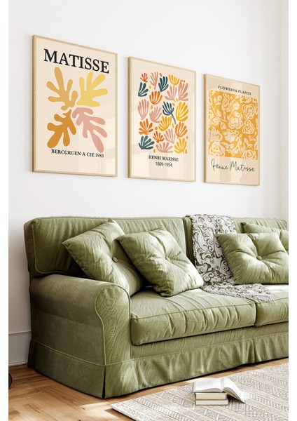 🎨 Matisse Tarzı Renkli Soyut Bitki Desenli 3’lü Ahşap Çerçeveli Tablo Seti 🌿 CRV1164 32 x 42 indirimleri