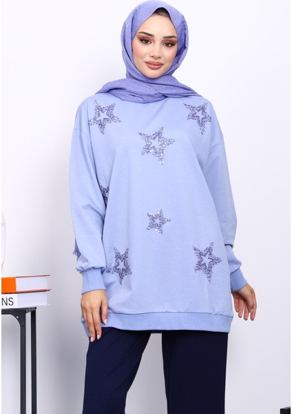 Lila Bisiklet Yaka Taşlı Modal Sweatshirt