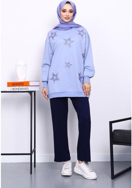 Lila Bisiklet Yaka Taşlı Modal Sweatshirt fiyatları